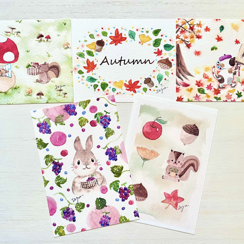 透明水彩画 秋のポストカード 5枚セット リス りす キノコ きのこ 紅葉