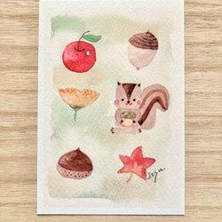透明水彩画　秋のポストカード　5枚セット　リス　りす　キノコ　きのこ　紅葉　うさぎ　ウサギ　猫　ネコ　ねこ　敬老の日 7枚目の画像
