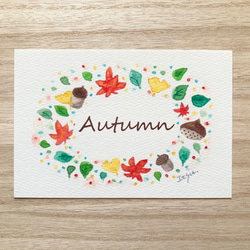透明水彩画　秋のポストカード　5枚セット　リス　りす　キノコ　きのこ　紅葉　うさぎ　ウサギ　猫　ネコ　ねこ　敬老の日 4枚目の画像