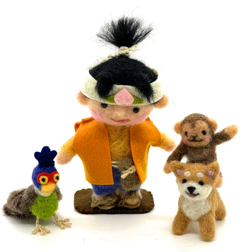 羊毛フェルト】サル・キジ・イヌの家来を引き連れた桃太郎くん 羊毛 