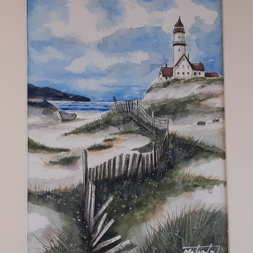 水彩画 灯台の見える砂浜 絵画 makochin 通販 14500583｜Creema(クリーマ)