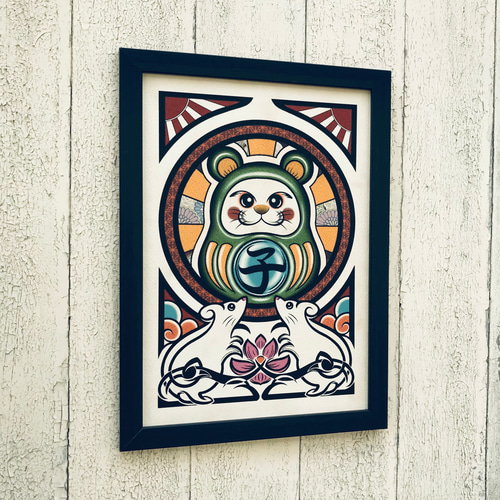 人気が高い 大黒ネズミ 縁起物イラスト 尾九 緑色達磨 フレーム A4サイズ 絵画