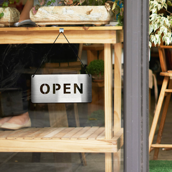 ステンレスヘアライン OPEN Largeタイプ 営業中 看板 shop 店舗 サインプレート pop サイン 札 2枚目の画像