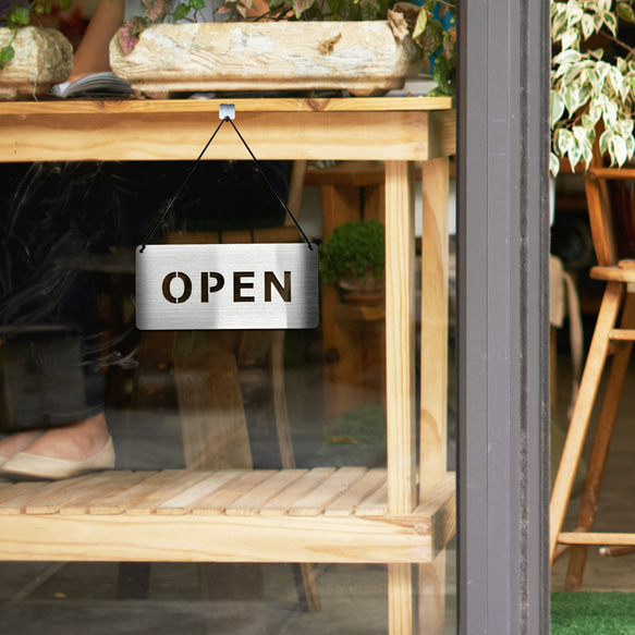 ステンレスヘアライン OPEN Smallタイプ 営業中 看板 shop 店舗 サインプレート pop サイン 札 2枚目の画像