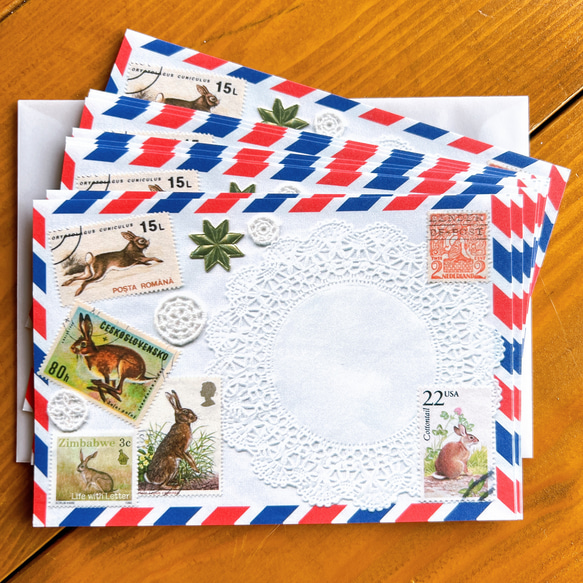 うさぎの切手コラージュカード　メッセージカード　３枚セット＊ 1枚目の画像