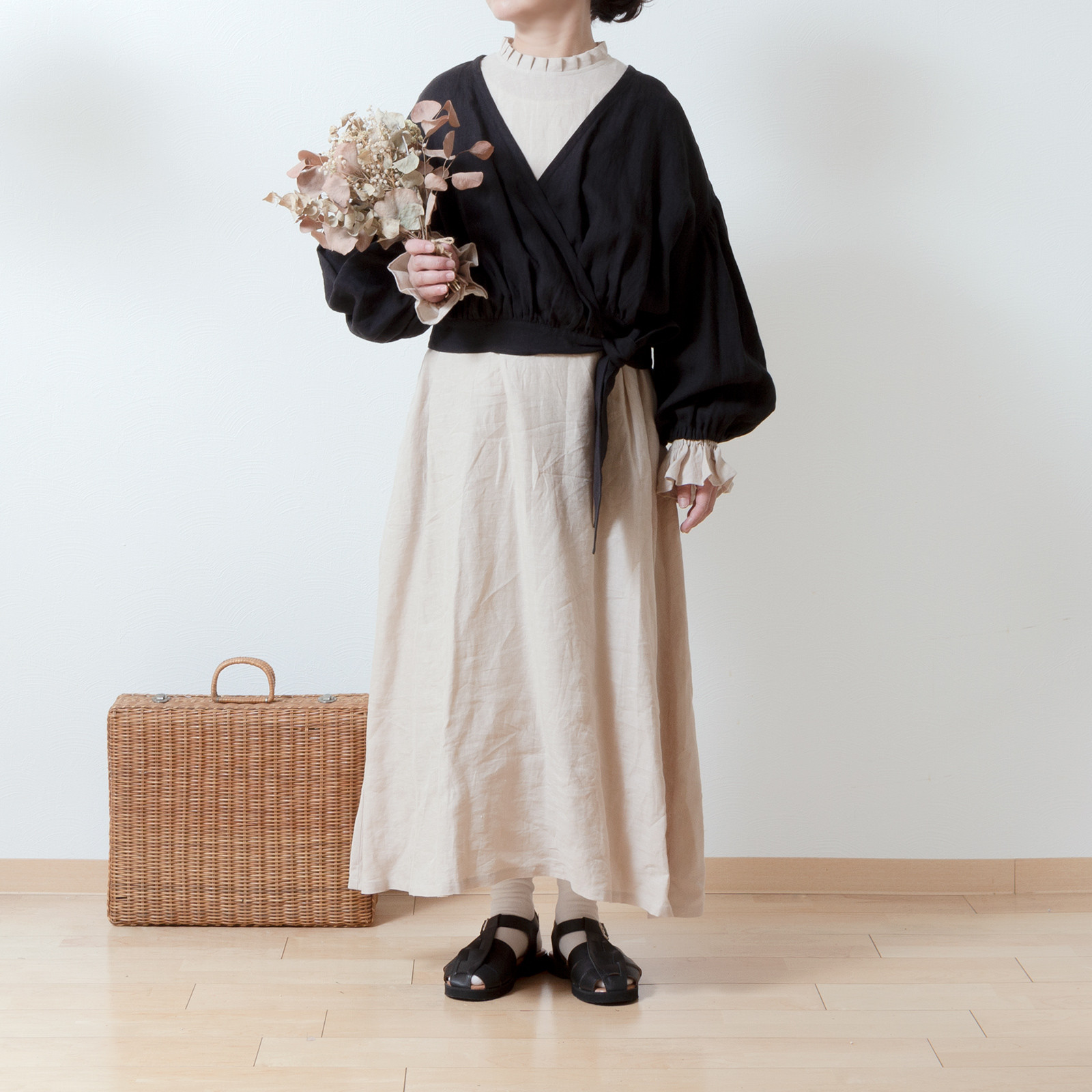 カシュクールギャザー2wayブラウス-フレンチリネン/ブラック