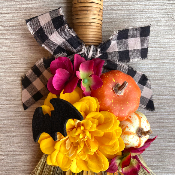 数量限定【ハロウィン】ホウキの壁掛けアレンジ　魔女のほうき／スワッグ 3枚目の画像