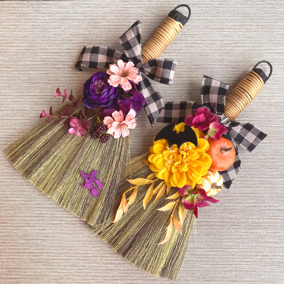 数量限定【ハロウィン】ホウキの壁掛けアレンジ　魔女のほうき／スワッグ 5枚目の画像