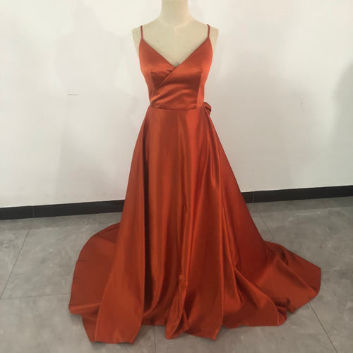 高品質！パーティードレス テラコッタ色 リボン 背中見せ 前撮り結婚式  