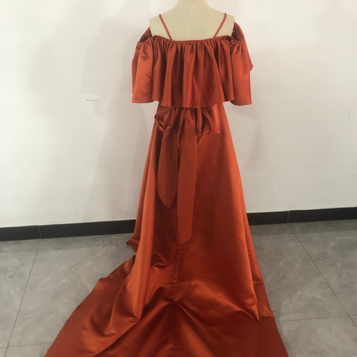 高品質！パーティードレス テラコッタ色 リボン 背中見せ 前撮り結婚式  