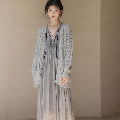 2色【モヘアウール混】Vネック透かし編み ロングニットカーディガン 