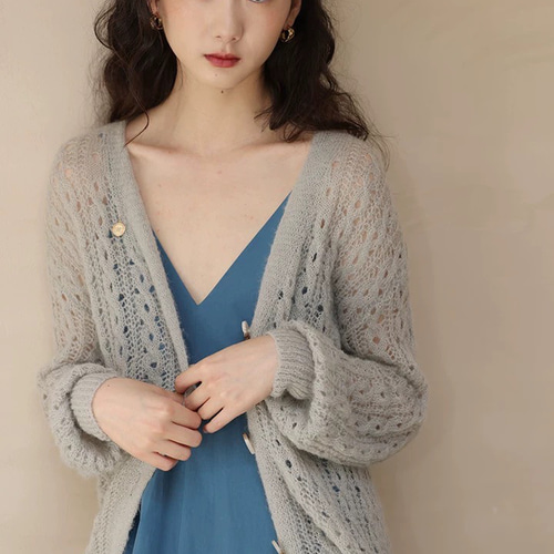 2色【モヘアウール混】Vネック透かし編み ロングニットカーディガン 