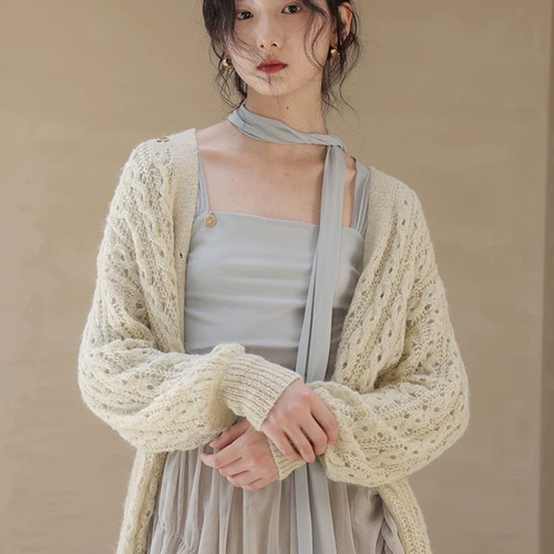 2色【モヘアウール混】Vネック透かし編み ロングニットカーディガン 