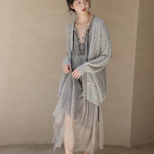 2色【モヘアウール混】Vネック透かし編み ロングニットカーディガン 