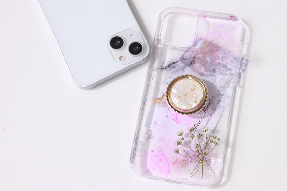 iPhoneケース　アルコールインクアート　ピンク　かすみ草　クリアケース　全機種対応　Galaxy Xperia 8枚目の画像