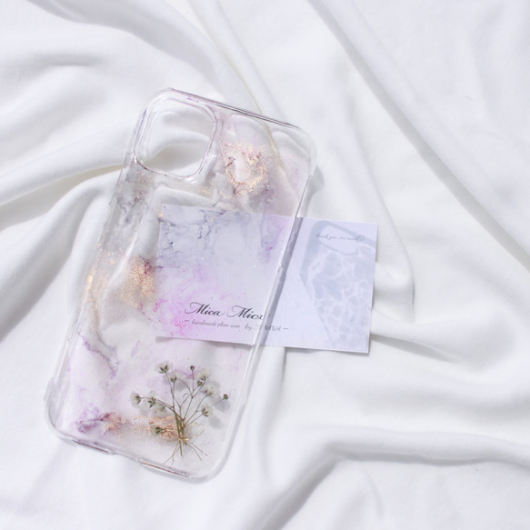 iPhoneケース　アルコールインクアート　ピンク　かすみ草　クリアケース　全機種対応　Galaxy Xperia 6枚目の画像