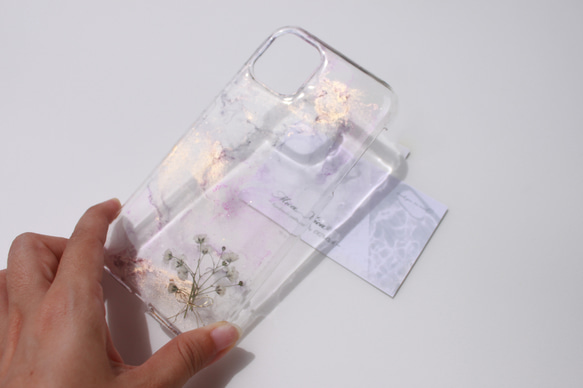 iPhoneケース　アルコールインクアート　ピンク　かすみ草　クリアケース　全機種対応　Galaxy Xperia 5枚目の画像