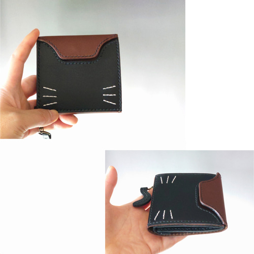 職人さん手造り　綺麗にたくさん入る　本格革財布　黒猫 名入れ】チョコ×黒【革にゃんこ】カードが入る小さな革財布&ちびネコ