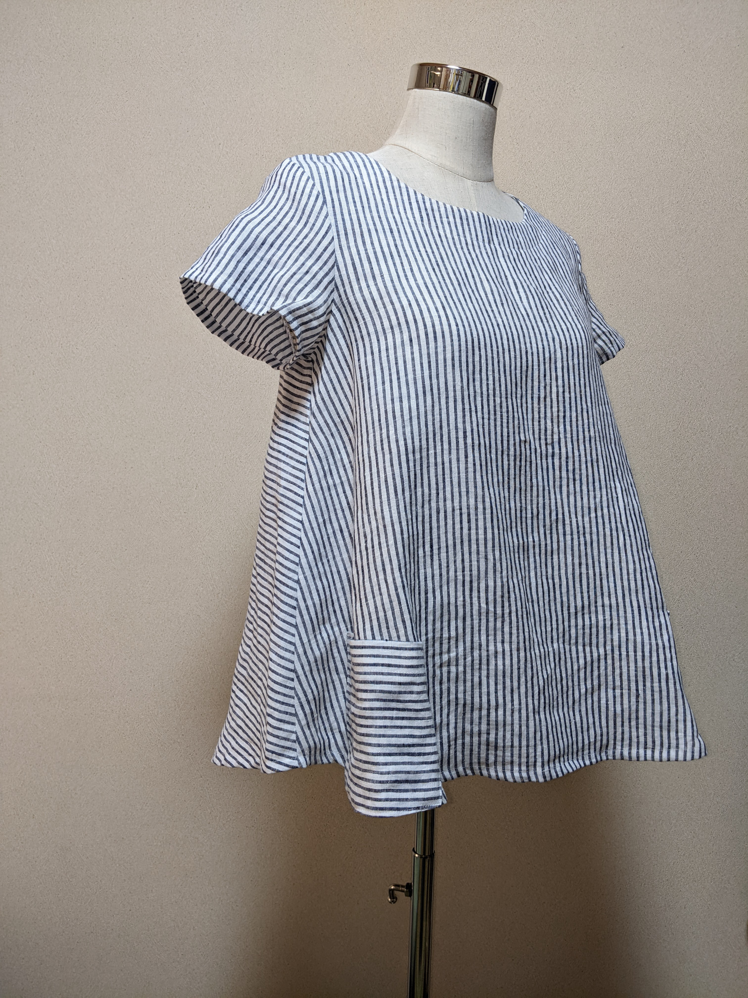 【リネン100%】ストライプ　Aラインブラウス