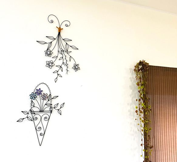 〜flower バスケット2 〜　ワイヤークラフト　アート　壁飾り　花　可愛い　おしゃれ　インテリア　スワッグ　壁掛け 5枚目の画像