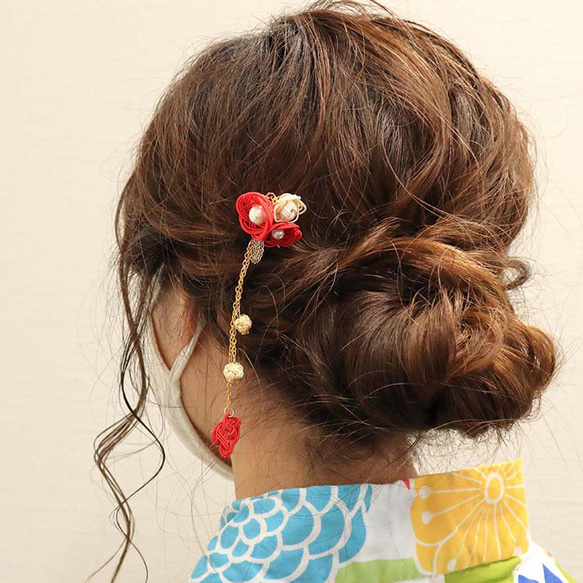 宅送] レッド 水引き ヘアアクセサリー かんざし 浴衣 和装 金 レディース