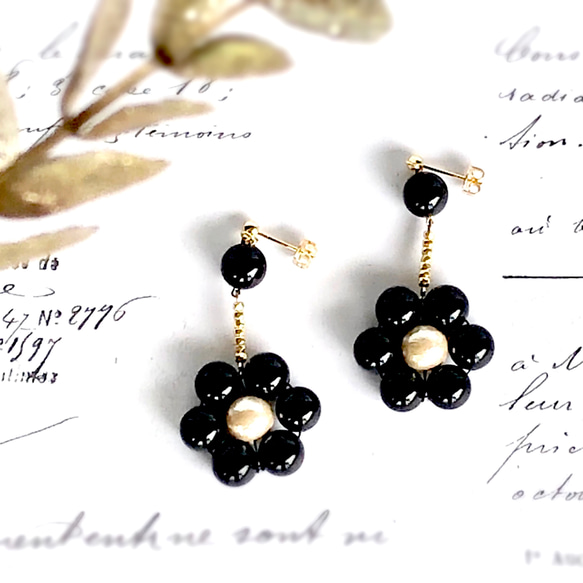 14kgfブラックオニキス・ブラックダイヤモンドピアス/イヤリング