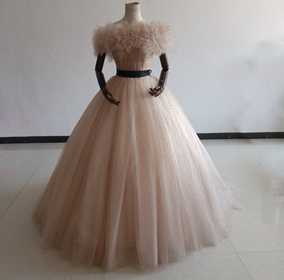 カラードレスシャンパン色 ソフトチュール ロングトレーン 取り外し  