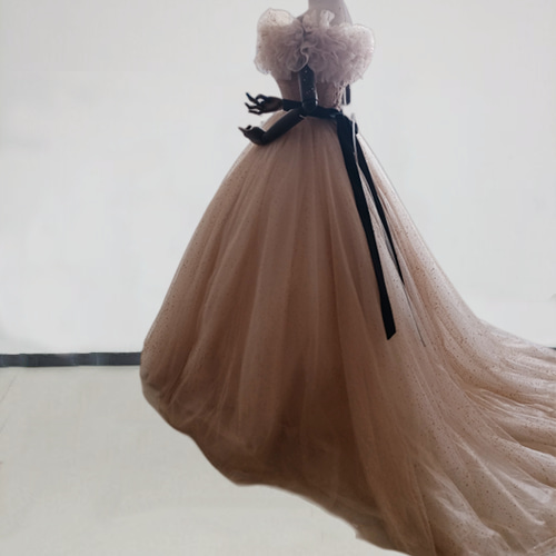 カラードレスシャンパン色 ソフトチュール ロングトレーン 取り外し  
