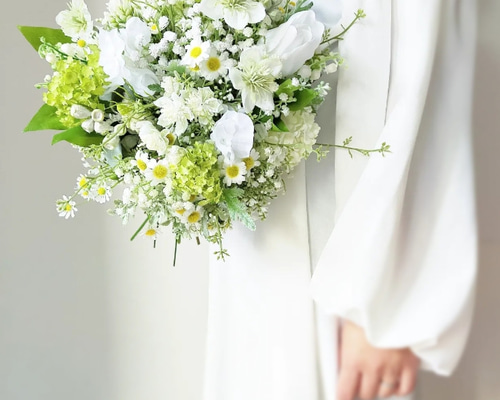 定番のホワイト×グリーンブーケ ウェディングブーケ造花 前撮り フォト