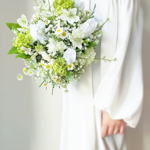 ウエディング　結婚式　挙式 アーティシャルフラワー　ブーケ ホワイト　グリーン 造花 レンタルブーケ】爽やかカラーブーケ ホワイト✖︎グリーン