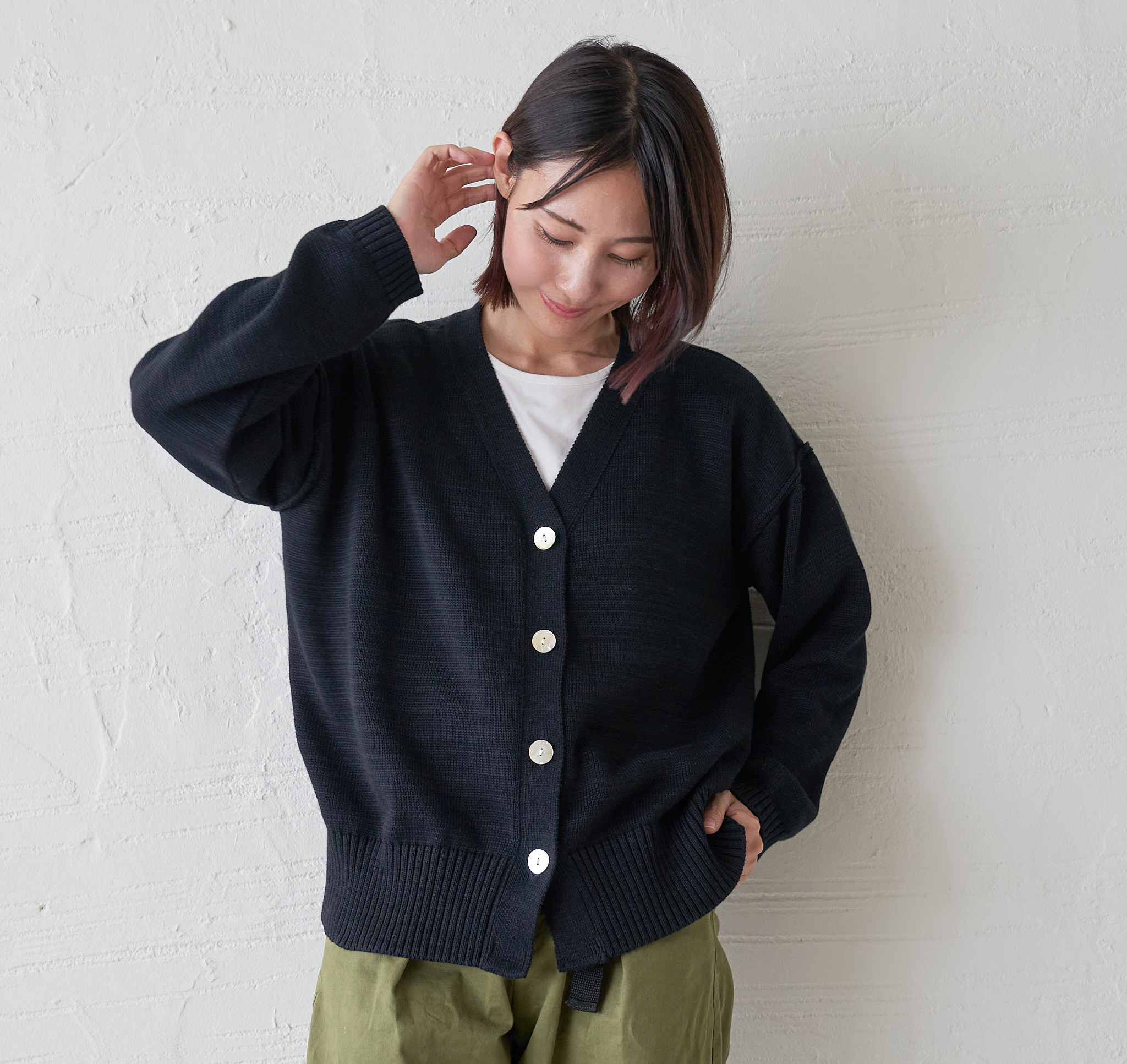 ﾓﾘﾉｶﾞｯｺｳ 洗える強度コットンカーディガン (ブラック) オフィスカーディガン｜mg-nt07-bk