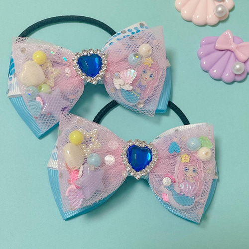 オーガンジーリボン♡ツイン♡ヘアゴム♡マーメイド♡シェル にぎにぎし