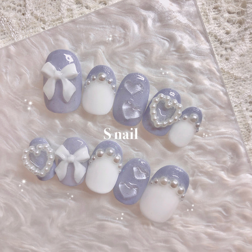 ネイルチップ くすみブルー 青 フレンチネイル パール リボン ハート  