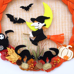 ハロウィン魔女と黒猫リース飾り　22-1 2枚目の画像