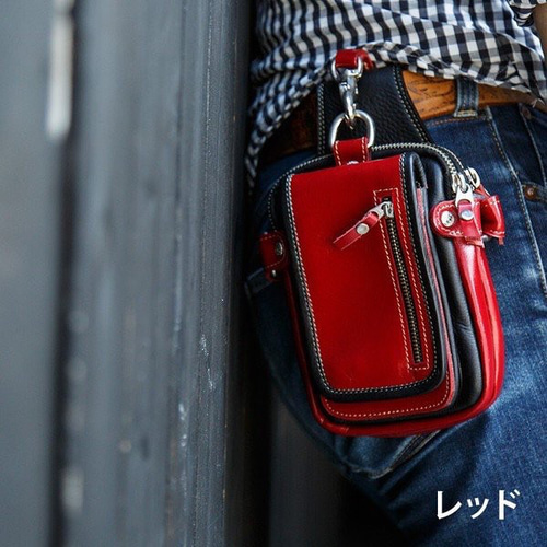 メンズ ベルトポーチ 本革 スマホ入れ レッド ポシェット 革職人 通販
