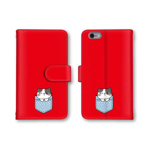 送料無料 スマホケース 手帳型 スマホカバー 猫 ネコ レッド 赤 iPhone