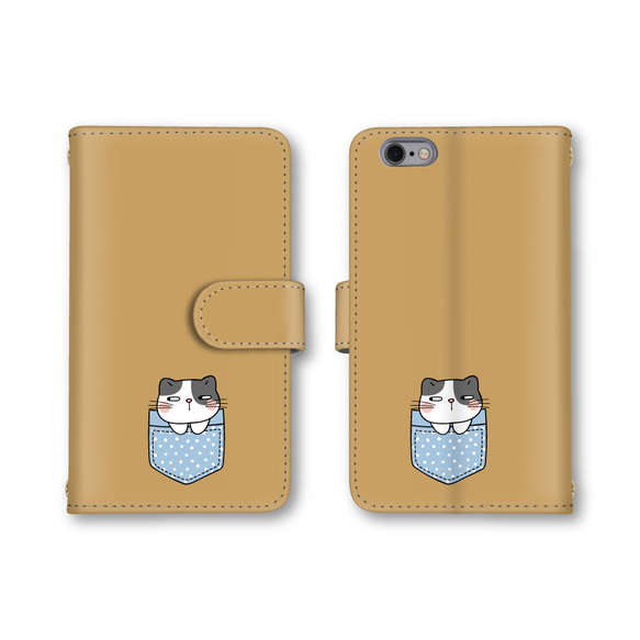送料無料 スマホケース 手帳型 スマホカバー 猫 ネコ カーキ iPhone android 2枚目の画像