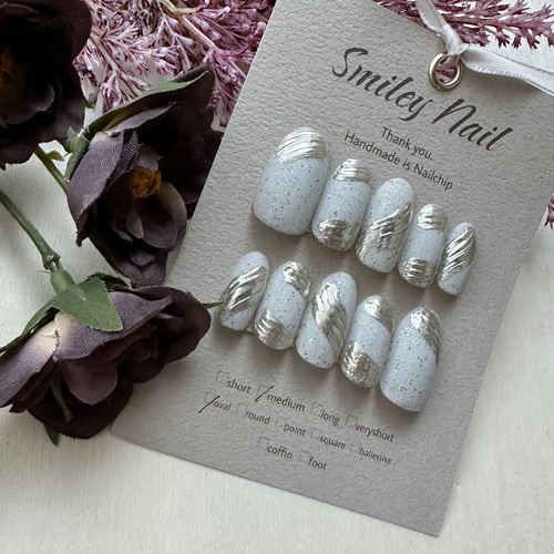 ネイルチップ オーダー ミラー ニュアンス マグネット シルバー 白 韓国 冬 ネイルチップ オーダー ミラー ニュアンス マグネット シルバー 白