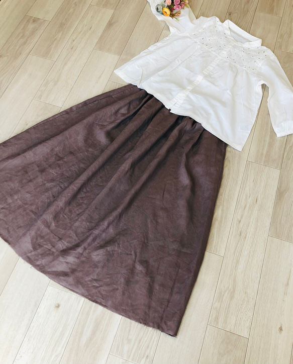 リネン100%ふんわり柔らか　タックギャザースカート　ロングスカート✳︎バーガンディ 3枚目の画像