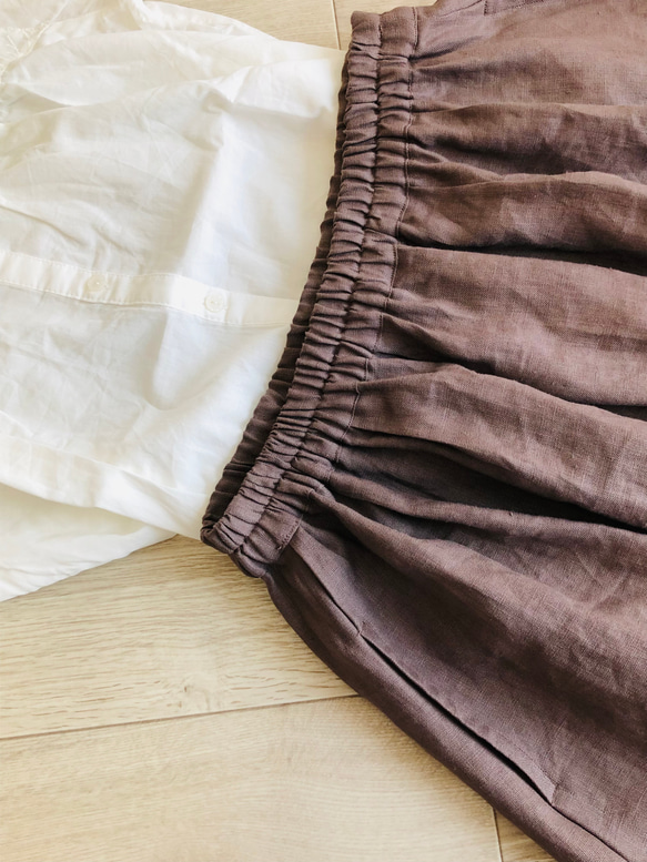 リネン100%ふんわり柔らか　タックギャザースカート　ロングスカート✳︎バーガンディ 7枚目の画像