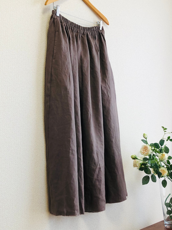 リネン100%ふんわり柔らか　タックギャザースカート　ロングスカート✳︎バーガンディ 6枚目の画像
