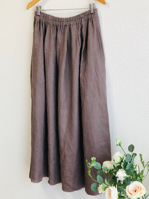 リネン100%ふんわり柔らか　タックギャザースカート　ロングスカート✳︎バーガンディ 4枚目の画像