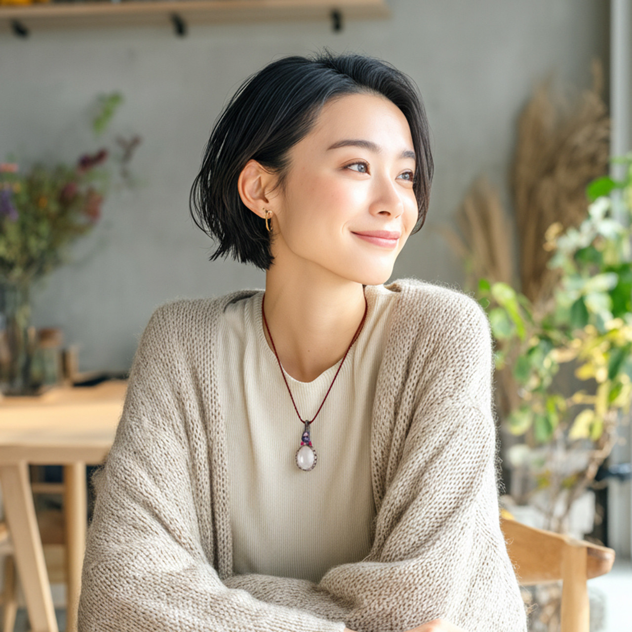 ローズクォーツのマクラメ編みペンダント・シルク首紐・金属アレルギー対応【セフィラ －天のしずく－】シリーズ