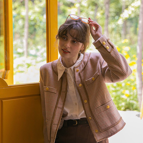 ウール混】チェック柄 ツイードジャケット ポケット付き【春秋