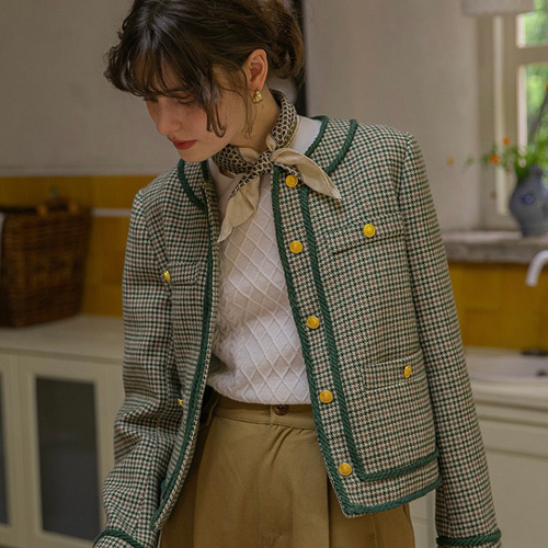 ウール混】チェック柄 ツイードジャケット ポケット付き【春秋