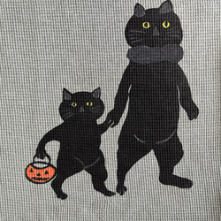 ハロウィーン　猫親子柄　レディースワッフル長袖Tシャツ 綿100% 7枚目の画像