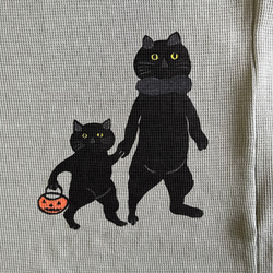 ハロウィーン　猫親子柄　レディースワッフル長袖Tシャツ 綿100% 8枚目の画像