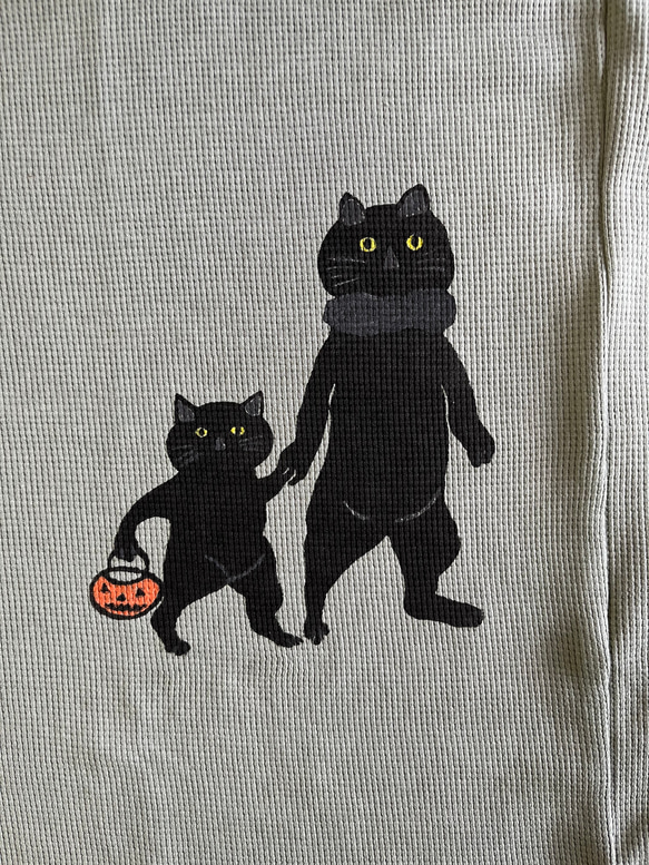 ハロウィーン　猫親子柄　レディースワッフル長袖Tシャツ 綿100% 8枚目の画像