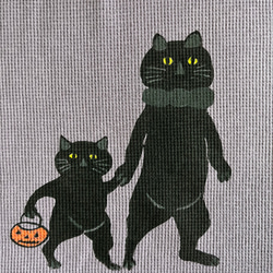 ハロウィーン　猫親子柄　レディースワッフル長袖Tシャツ 綿100% 4枚目の画像