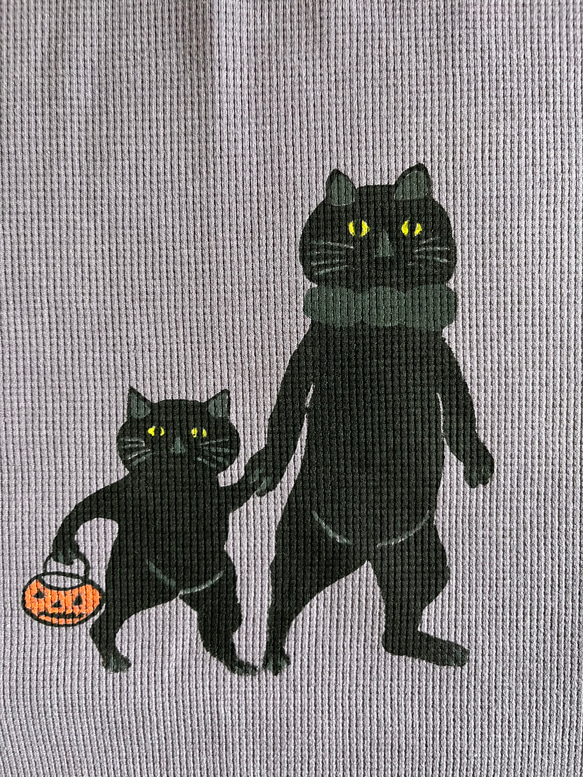 ハロウィーン　猫親子柄　レディースワッフル長袖Tシャツ 綿100% 4枚目の画像